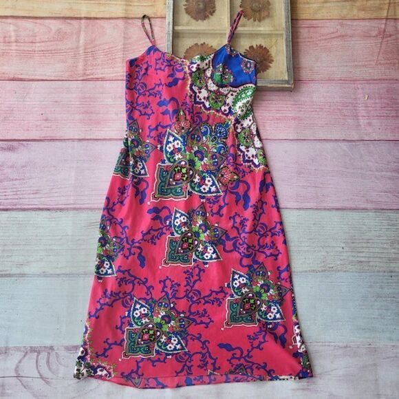Natori‎ Pink/Blue Multicolored Paisley Satin Midi Shift Slip Dress M/L - Picture 1 of 6